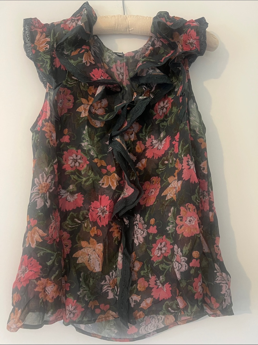 Sundance Black Floral Ruffle Sleeveless Blouse. Never worn, so pretty! Size M